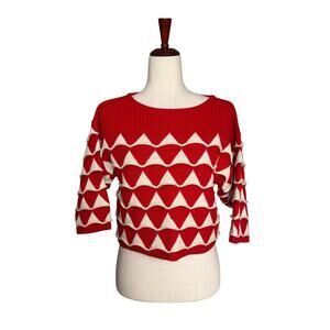 Vtg Wool Blend Textured Cropped Sweater Womens M Red Cream Boho Retro Artsy